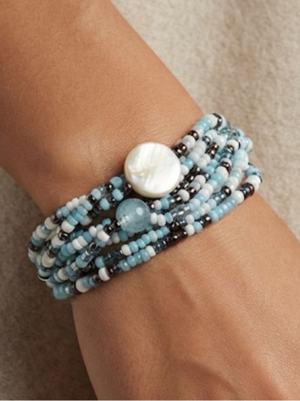 Multi-Strand Aqua Beaded bracelet with Mother-of-Pearl Accent